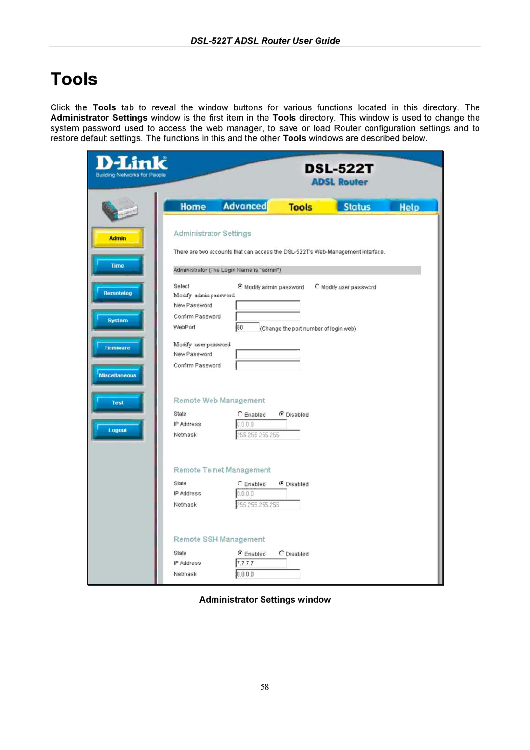 D-Link DSL-522T manual Tools, Administrator Settings window 