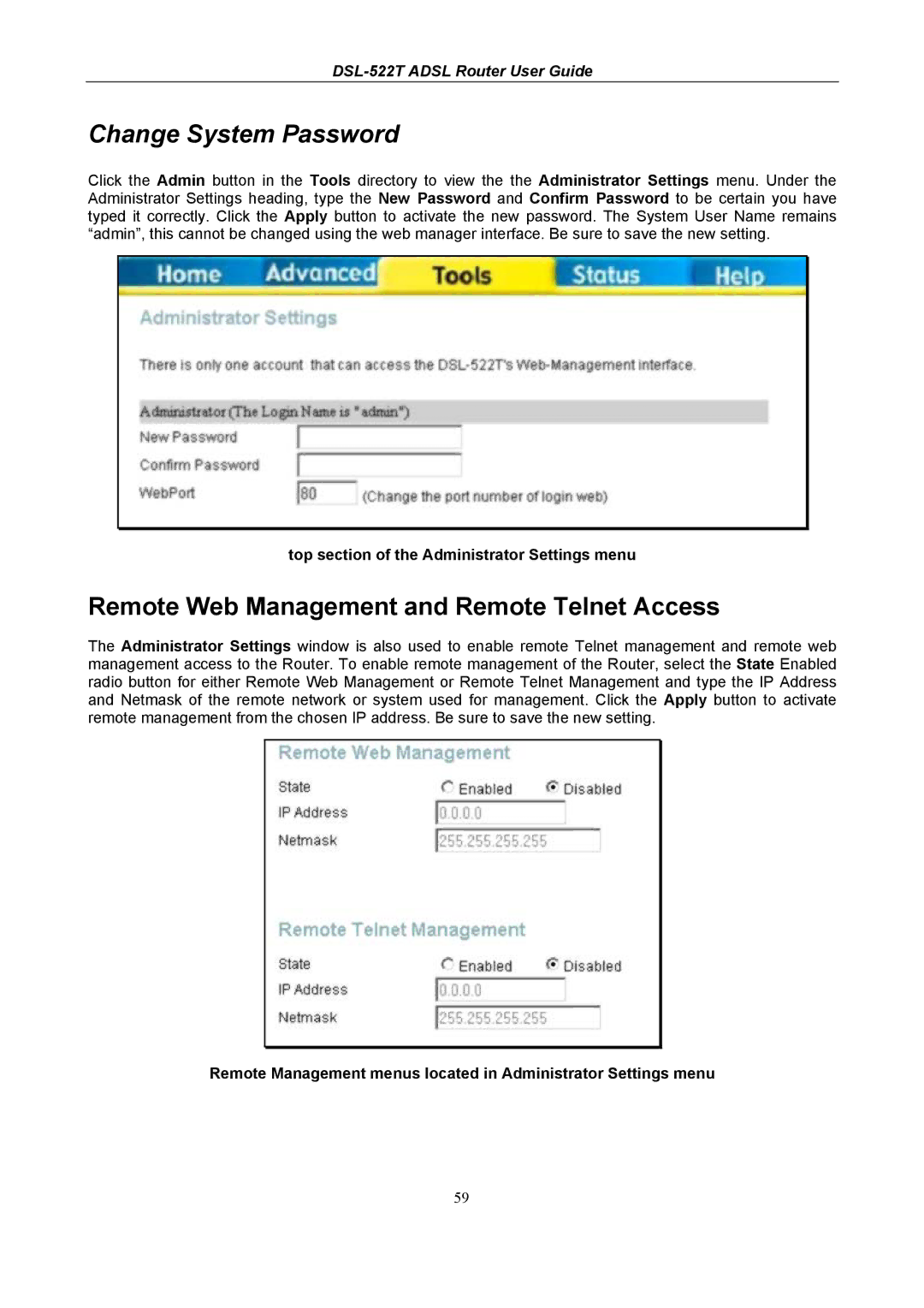 D-Link DSL-522T manual Change System Password, Remote Web Management and Remote Telnet Access 