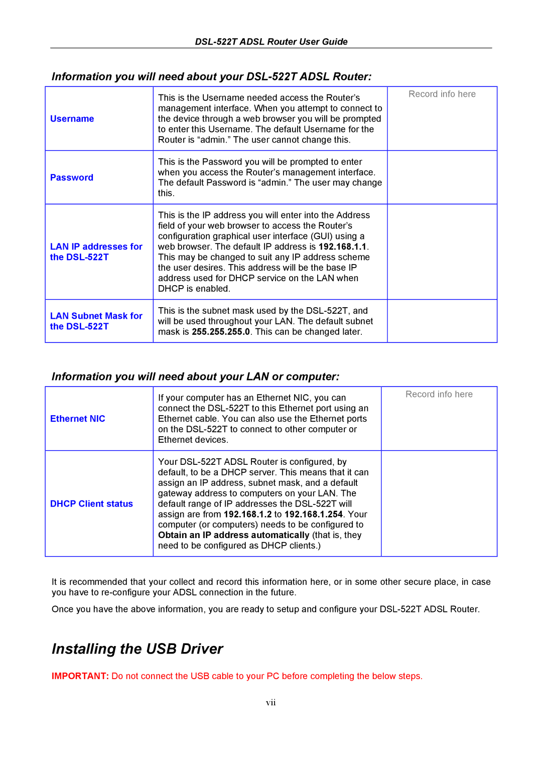 D-Link DSL-522T manual Installing the USB Driver 