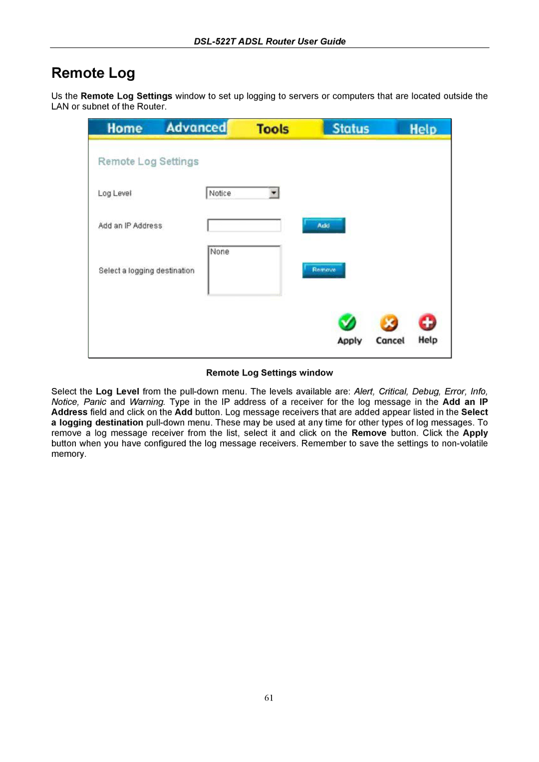 D-Link DSL-522T manual Remote Log Settings window 