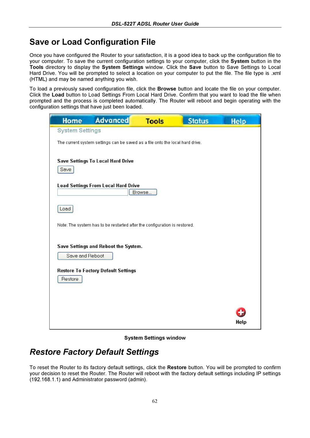 D-Link DSL-522T manual Save or Load Configuration File, Restore Factory Default Settings 