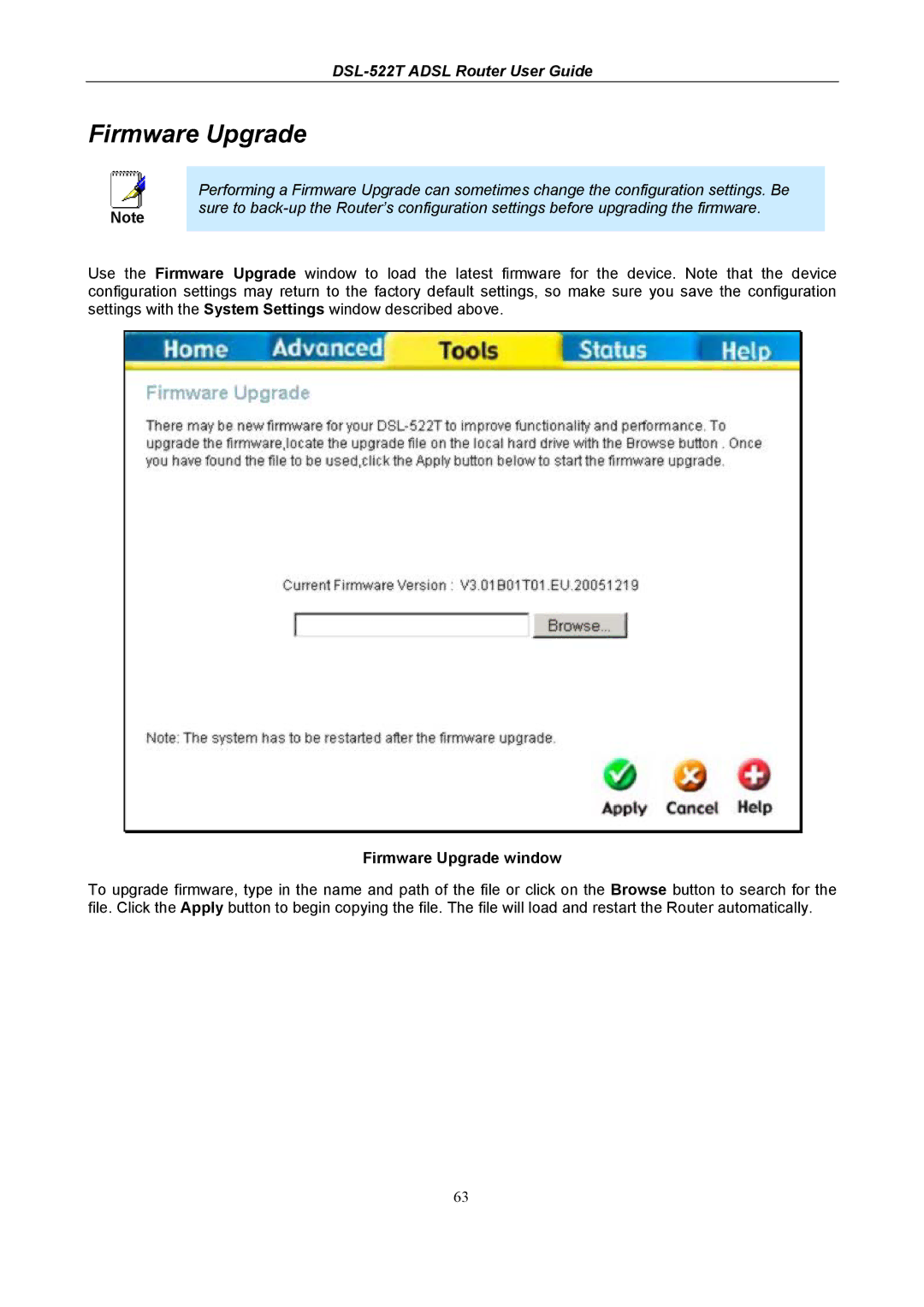 D-Link DSL-522T manual Firmware Upgrade window 