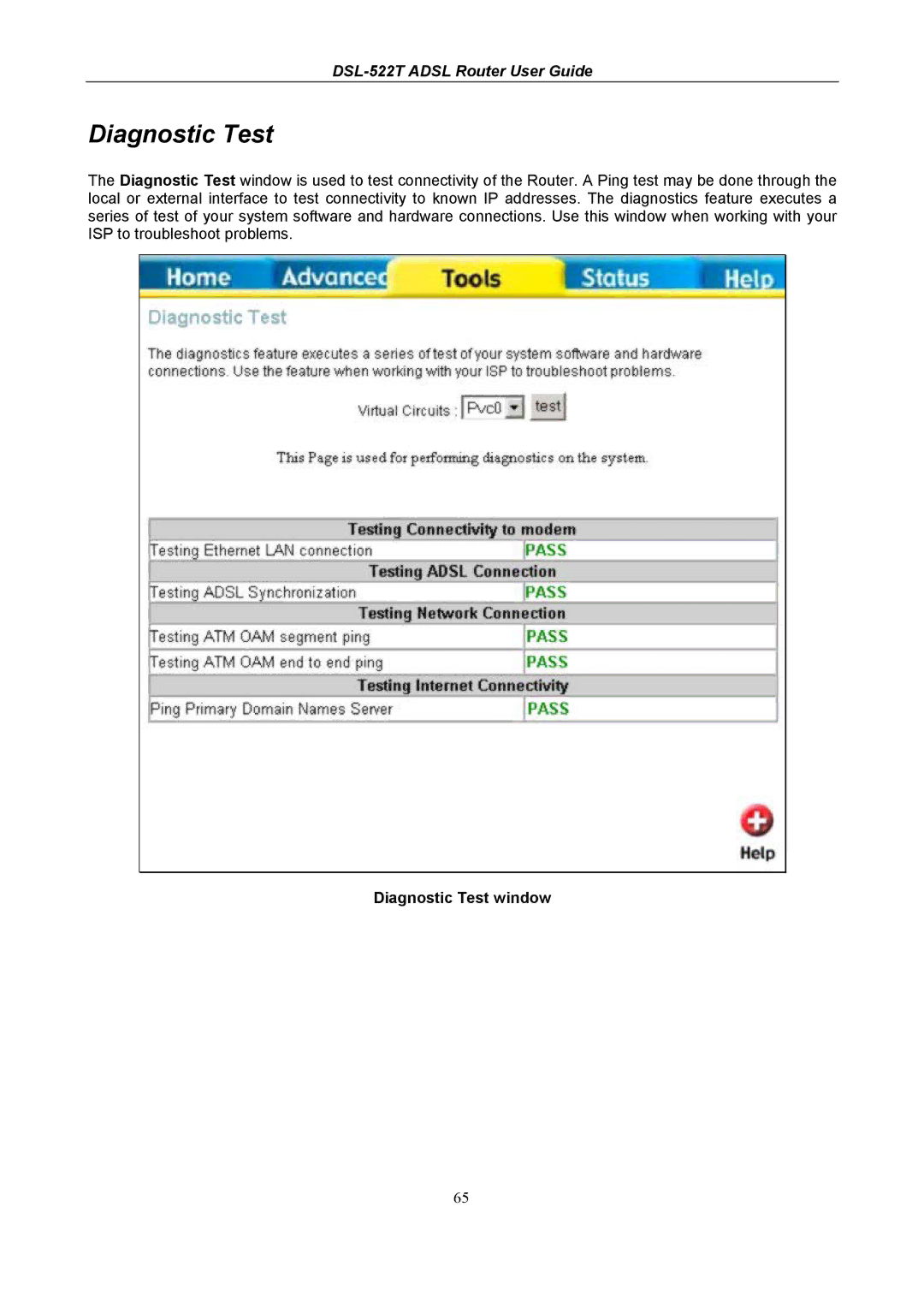 D-Link DSL-522T manual Diagnostic Test window 