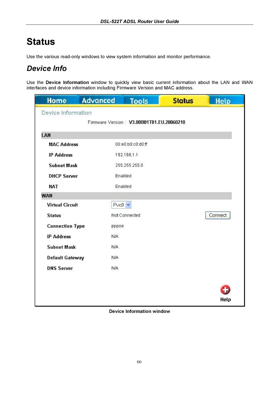 D-Link DSL-522T manual Status, Device Information window 