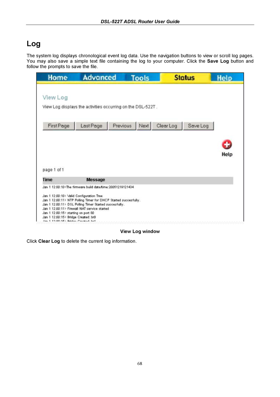 D-Link DSL-522T manual View Log window 