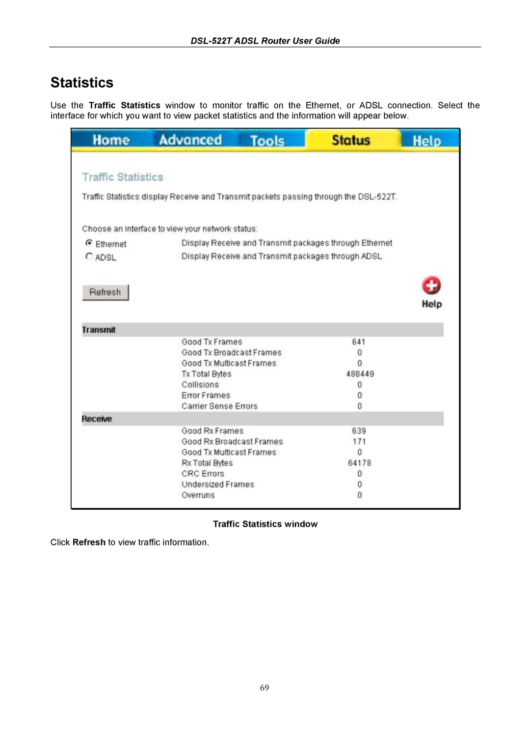 D-Link DSL-522T manual Traffic Statistics window 