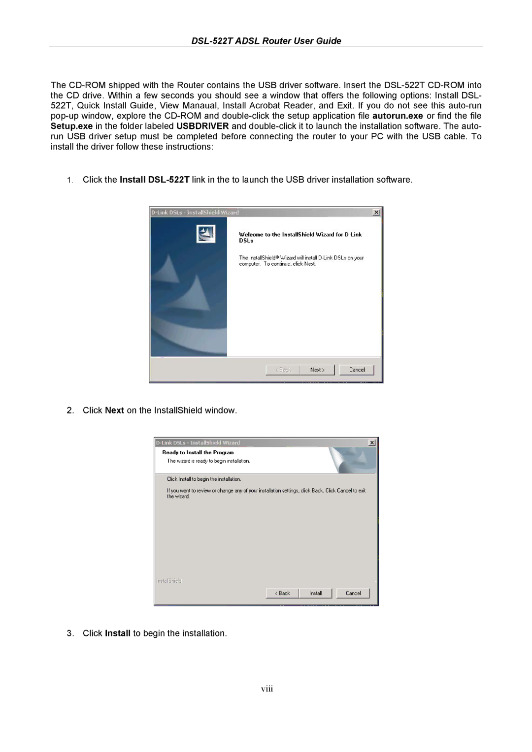 D-Link DSL-522T manual Viii 