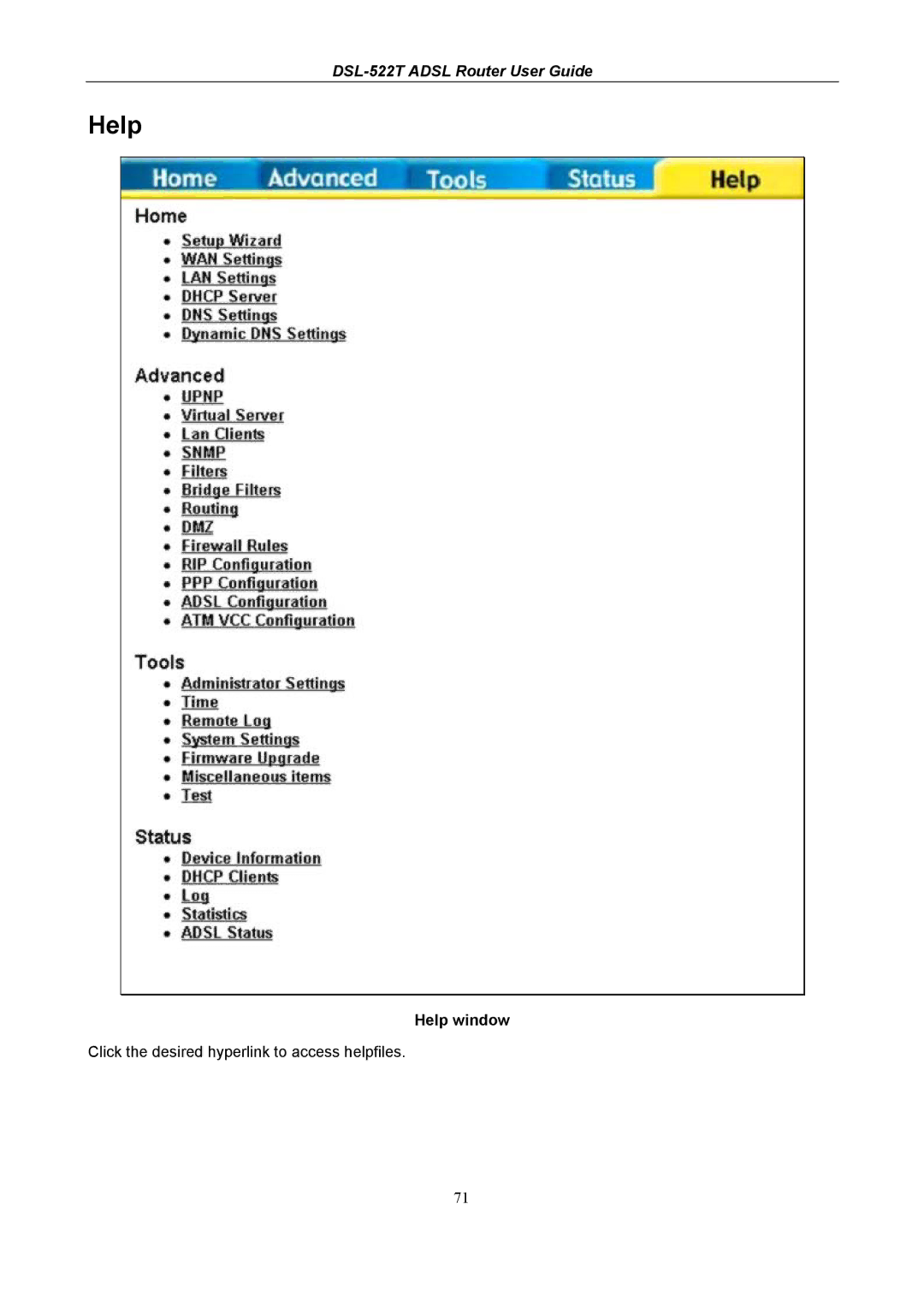 D-Link DSL-522T manual Help window 