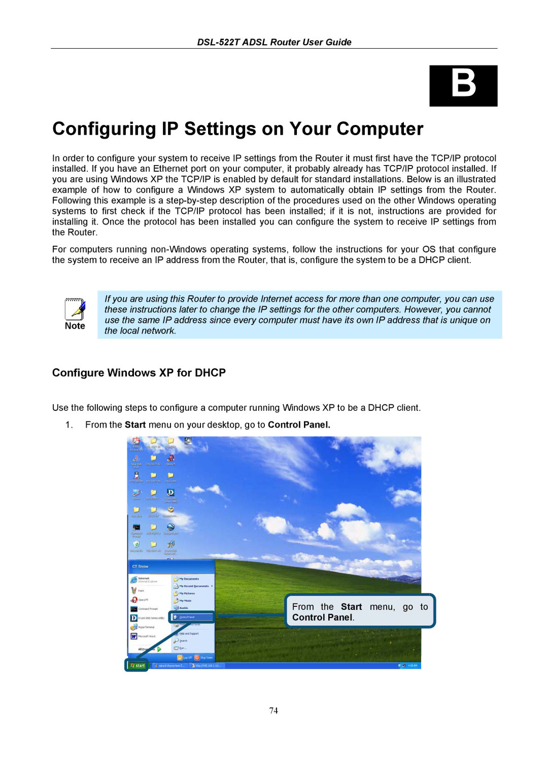 D-Link DSL-522T manual Configuring IP Settings on Your Computer, Configure Windows XP for Dhcp, Control Panel 