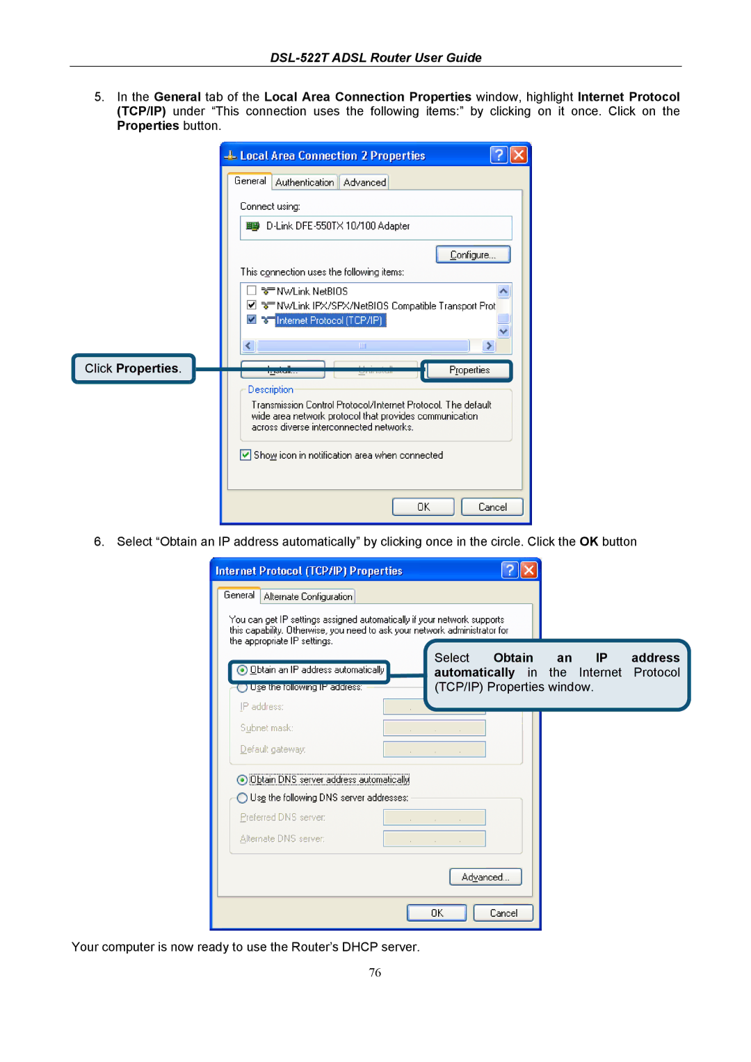 D-Link DSL-522T manual Select Obtain an IP address 