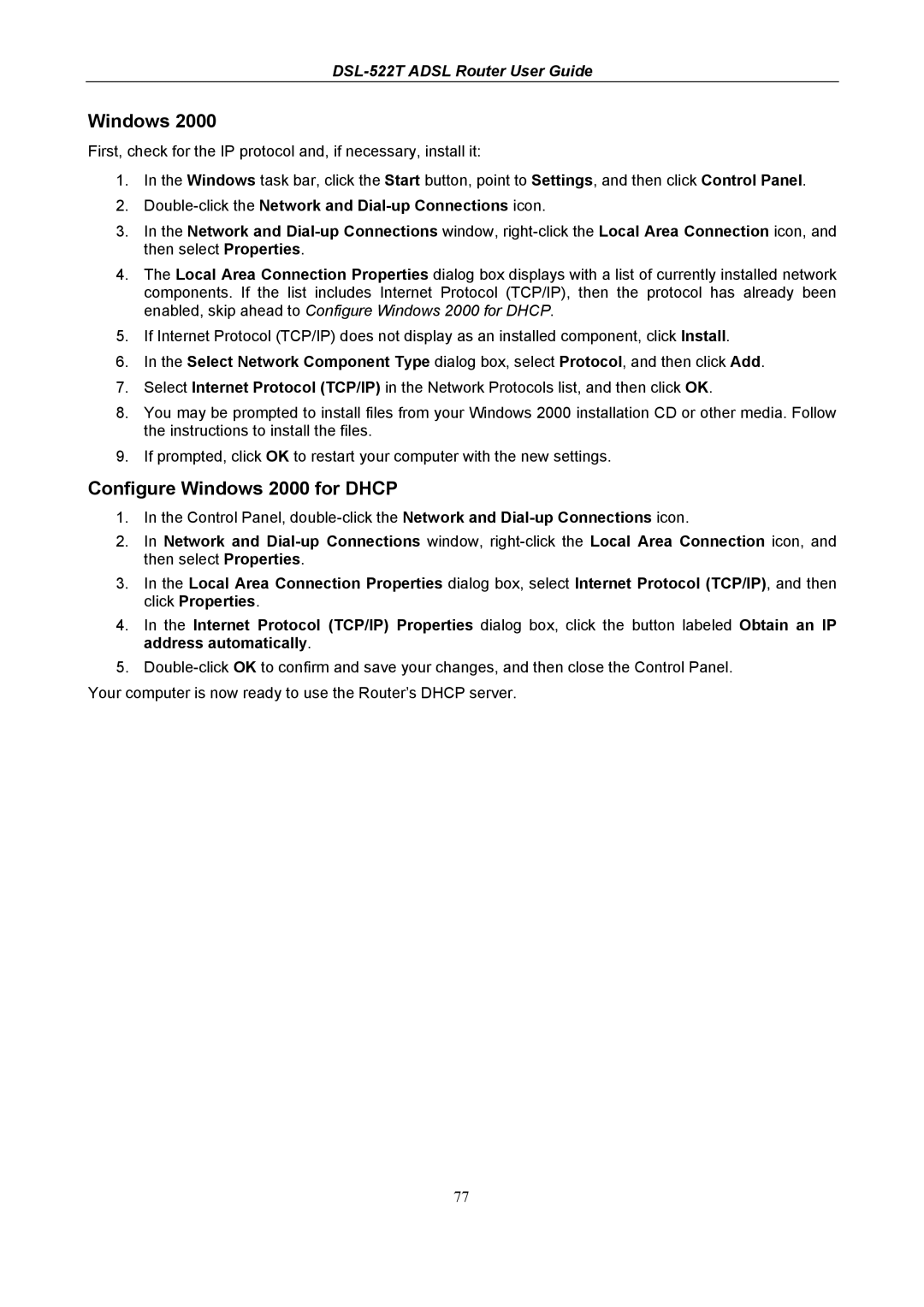 D-Link DSL-522T manual Configure Windows 2000 for Dhcp 