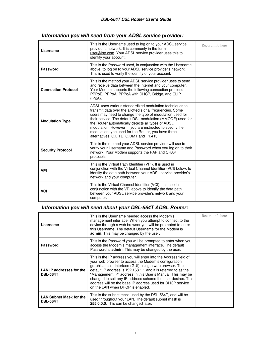 D-Link DSL-564T manual Information you will need from your Adsl service provider 