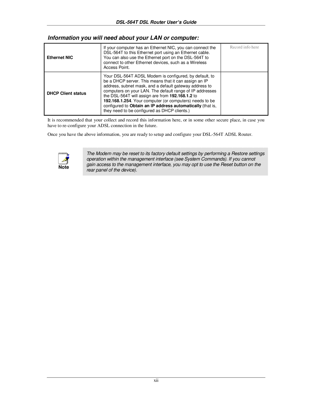 D-Link DSL-564T manual Information you will need about your LAN or computer 