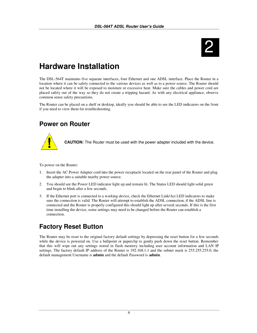 D-Link DSL-564T manual Power on Router, Factory Reset Button 