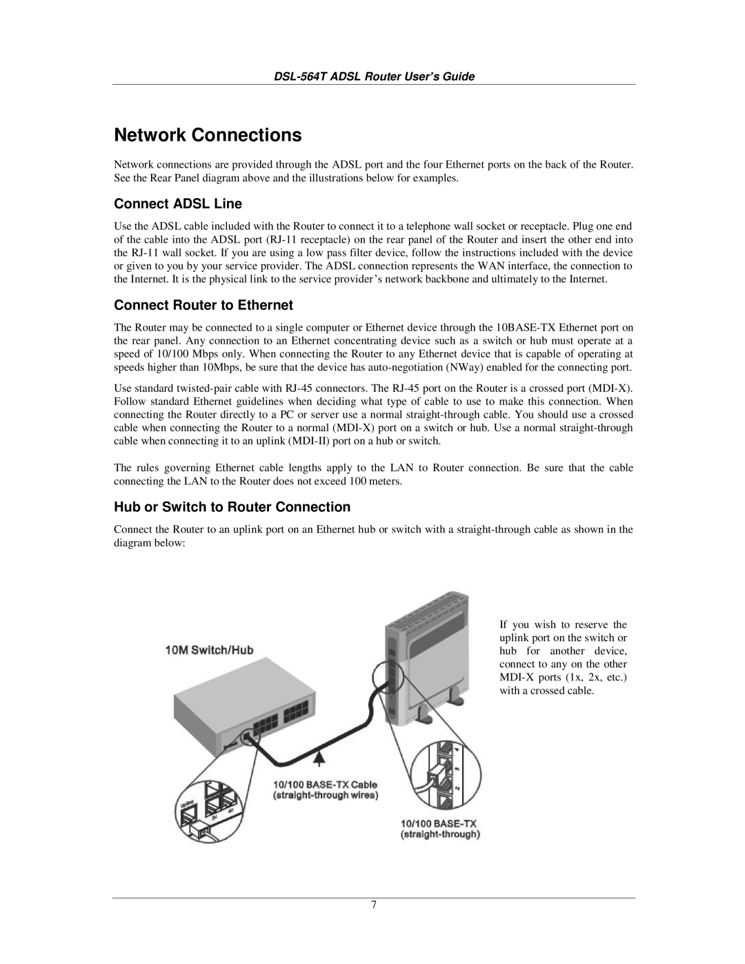 D-Link DSL-564T Network Connections, Connect Adsl Line, Connect Router to Ethernet, Hub or Switch to Router Connection 