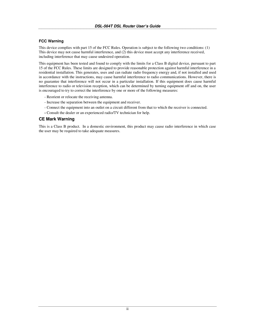 D-Link manual DSL-564T DSL Router User’s Guide, FCC Warning 