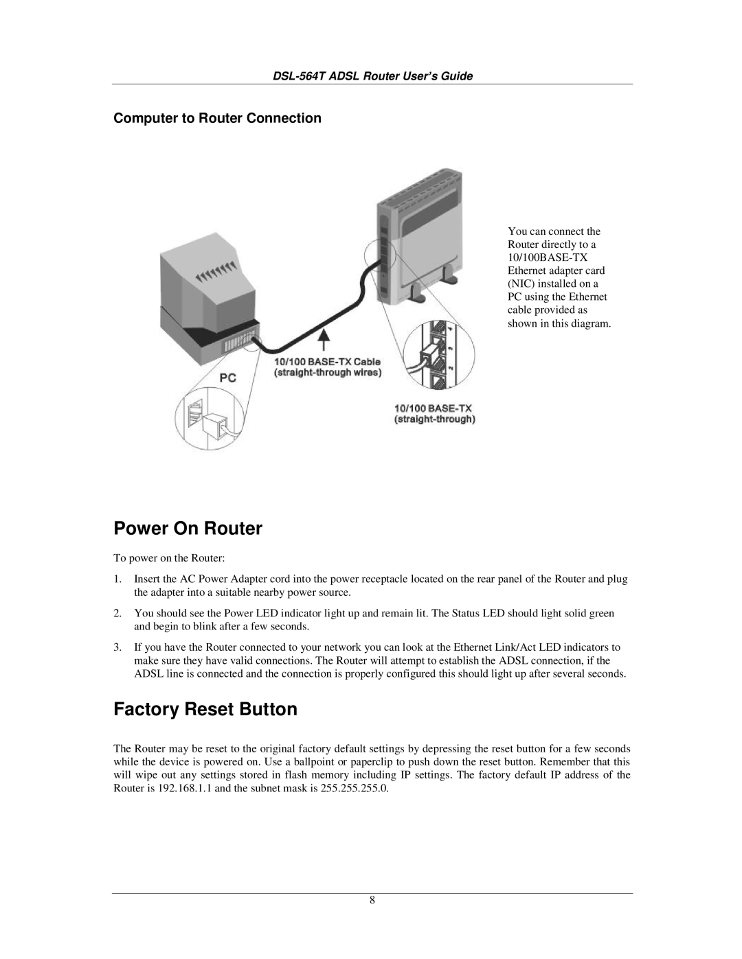 D-Link DSL-564T manual Computer to Router Connection 