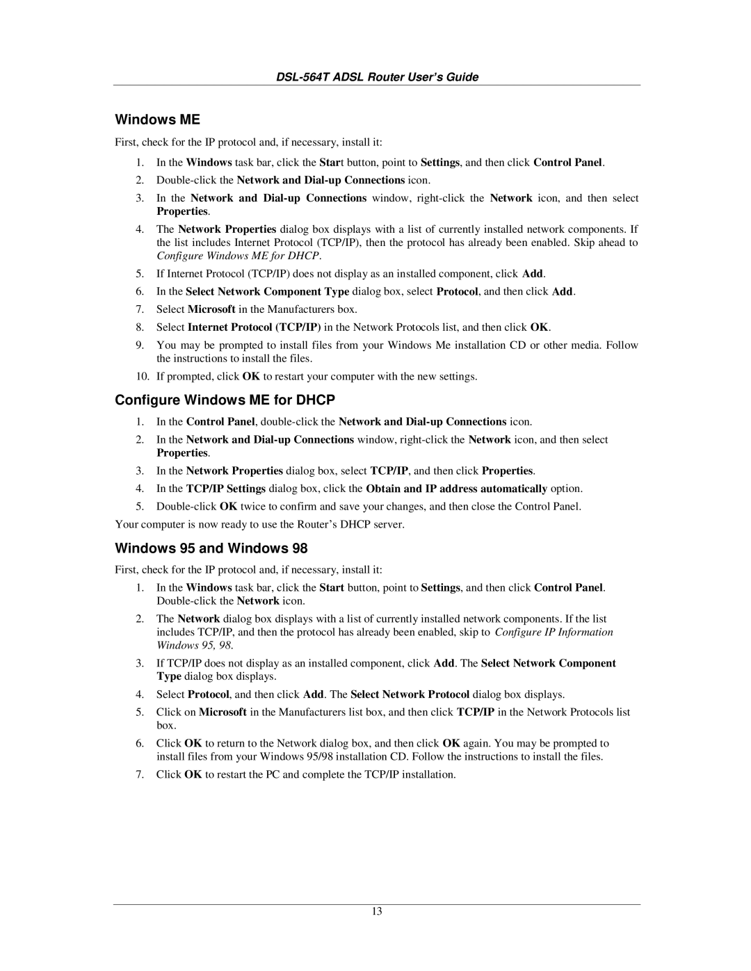 D-Link DSL-564T manual Configure Windows ME for Dhcp, Windows 95 and Windows 