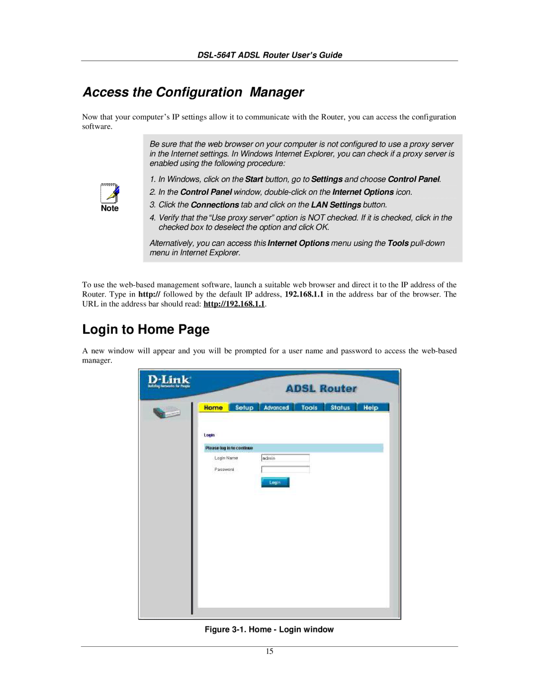 D-Link DSL-564T manual Access the Configuration Manager, Login to Home 