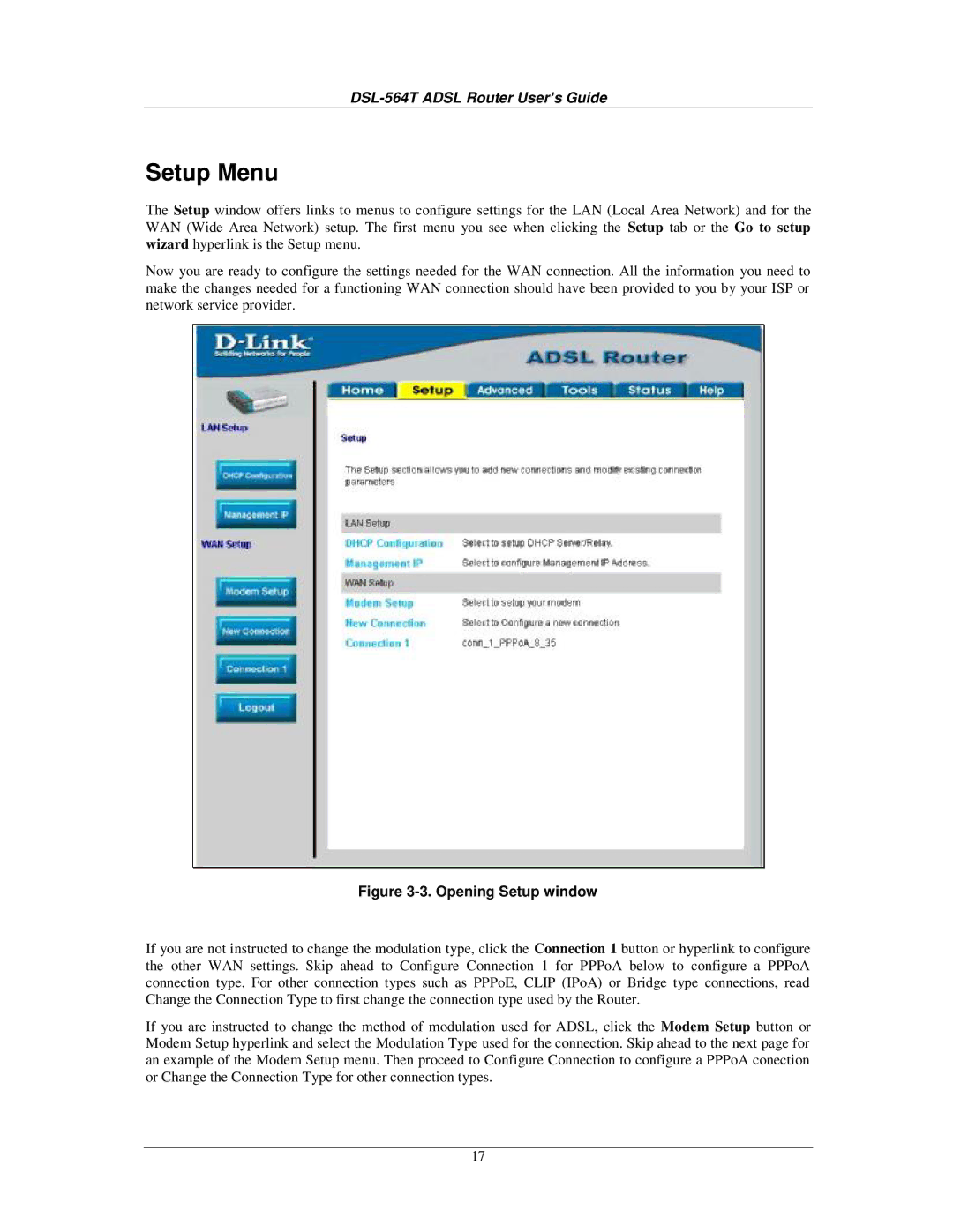 D-Link DSL-564T manual Setup Menu, Opening Setup window 