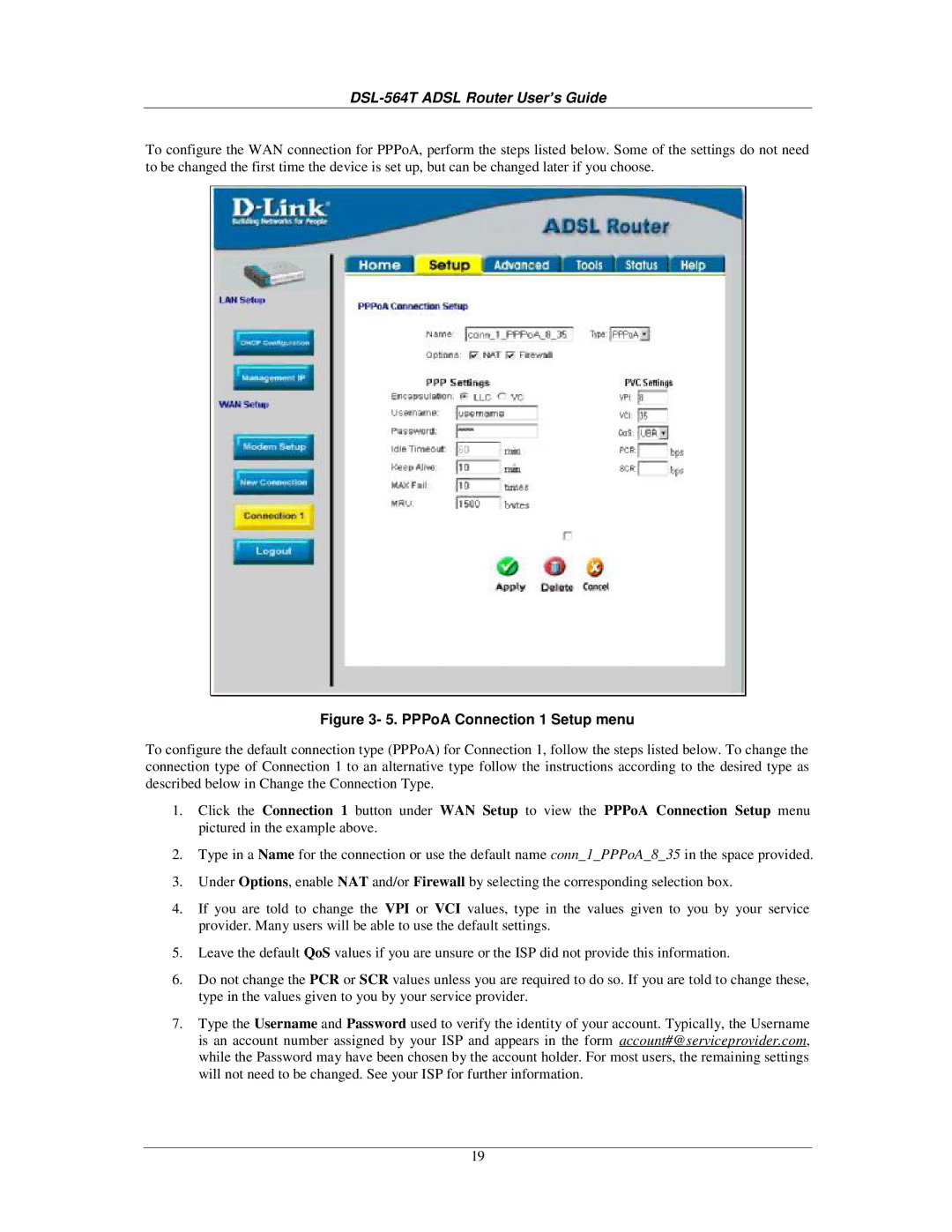 D-Link DSL-564T manual PPPoA Connection 1 Setup menu 