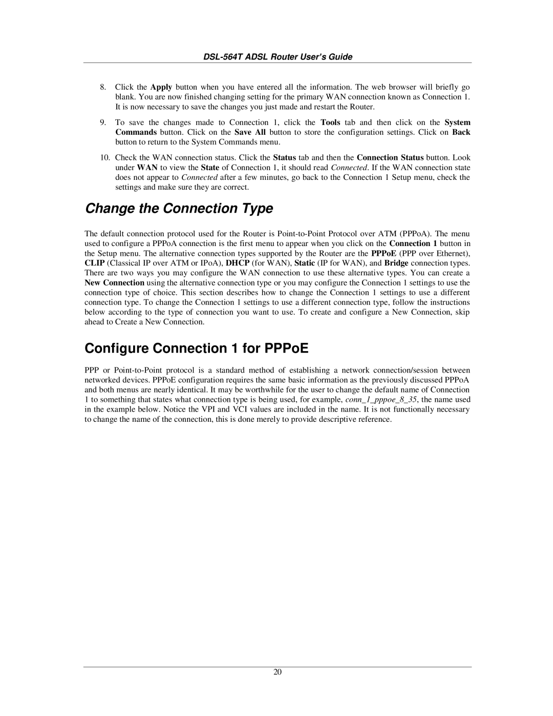 D-Link DSL-564T manual Change the Connection Type, Configure Connection 1 for PPPoE 