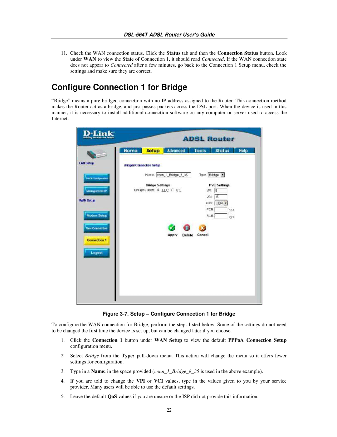 D-Link DSL-564T manual Setup Configure Connection 1 for Bridge 