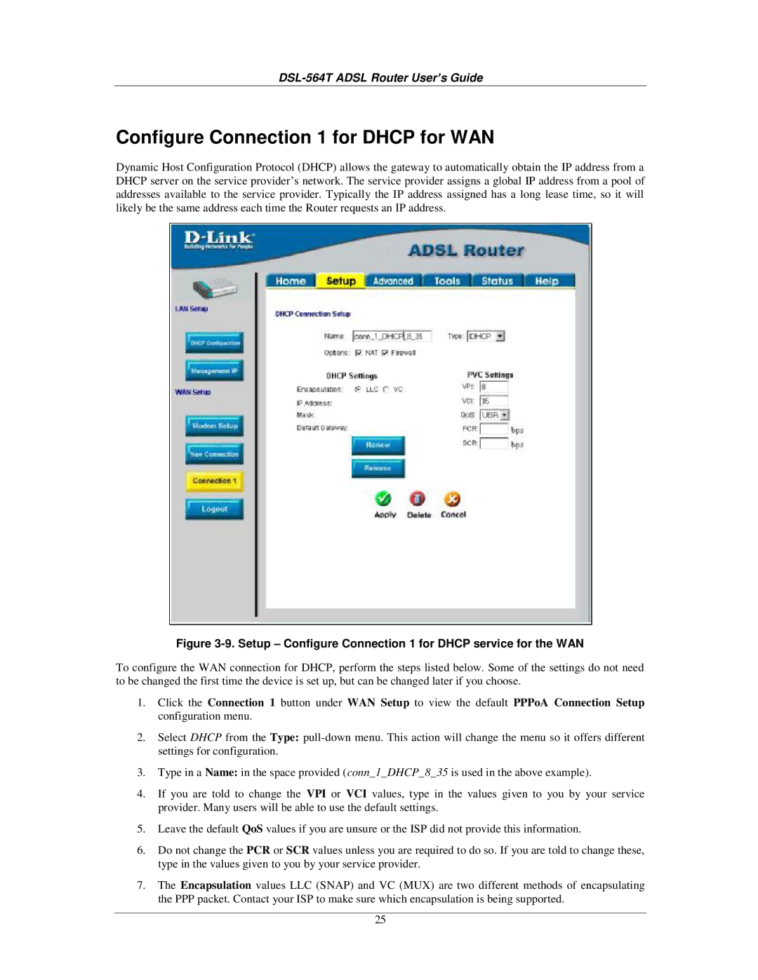 D-Link DSL-564T manual Configure Connection 1 for Dhcp for WAN, Setup Configure Connection 1 for Dhcp service for the WAN 