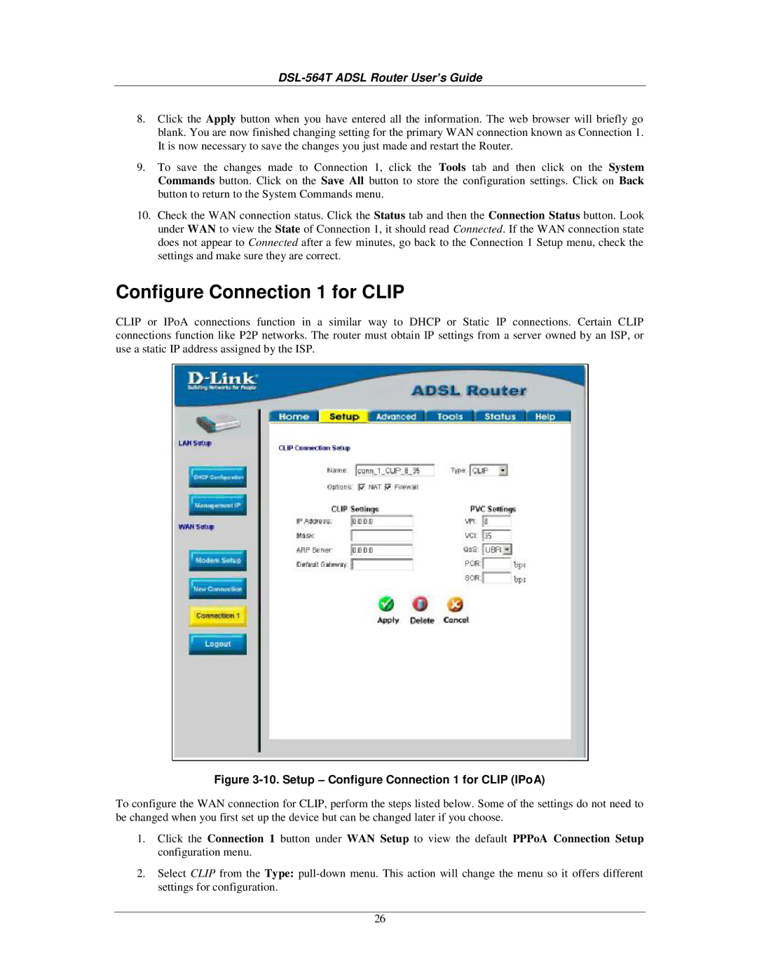 D-Link DSL-564T manual Setup Configure Connection 1 for Clip IPoA 