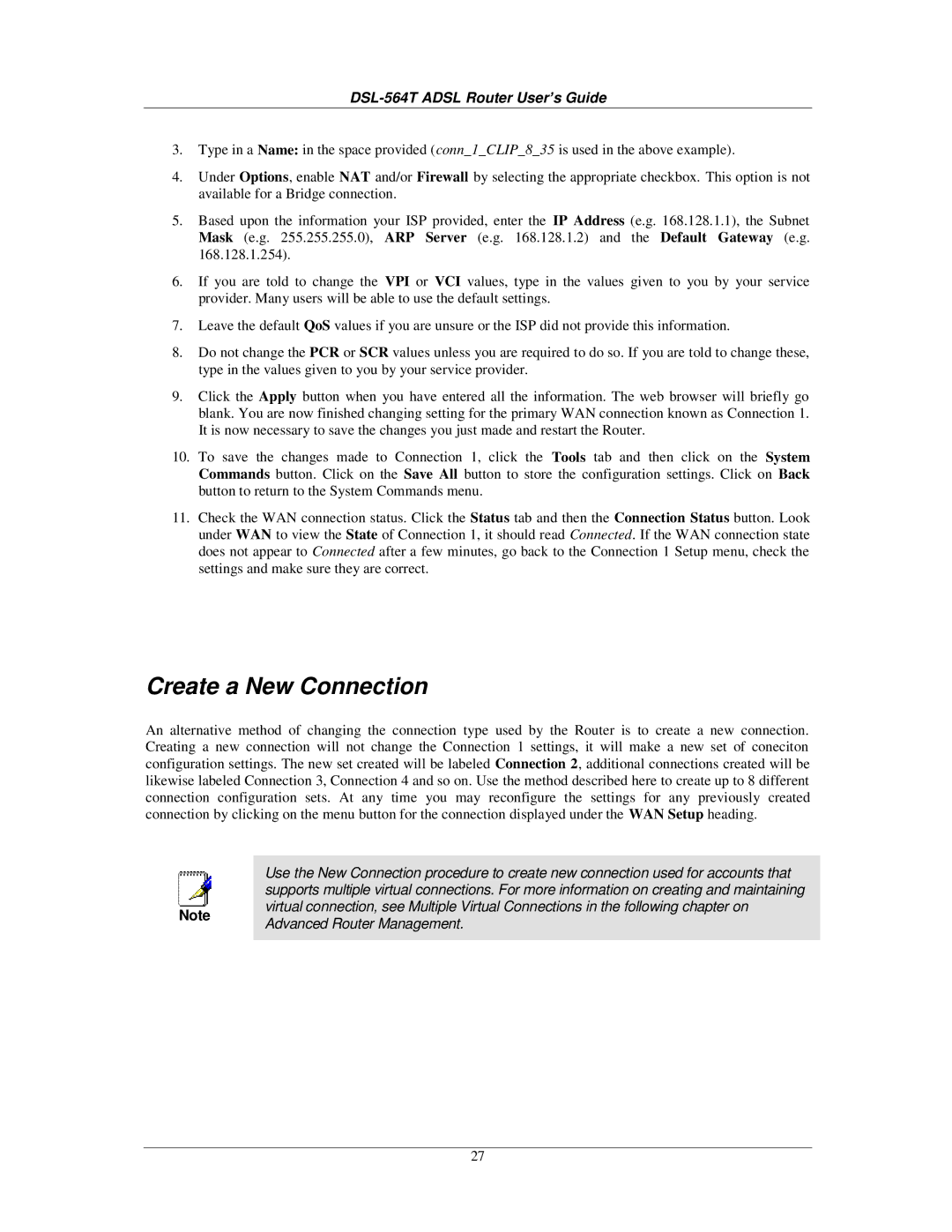 D-Link DSL-564T manual Create a New Connection 