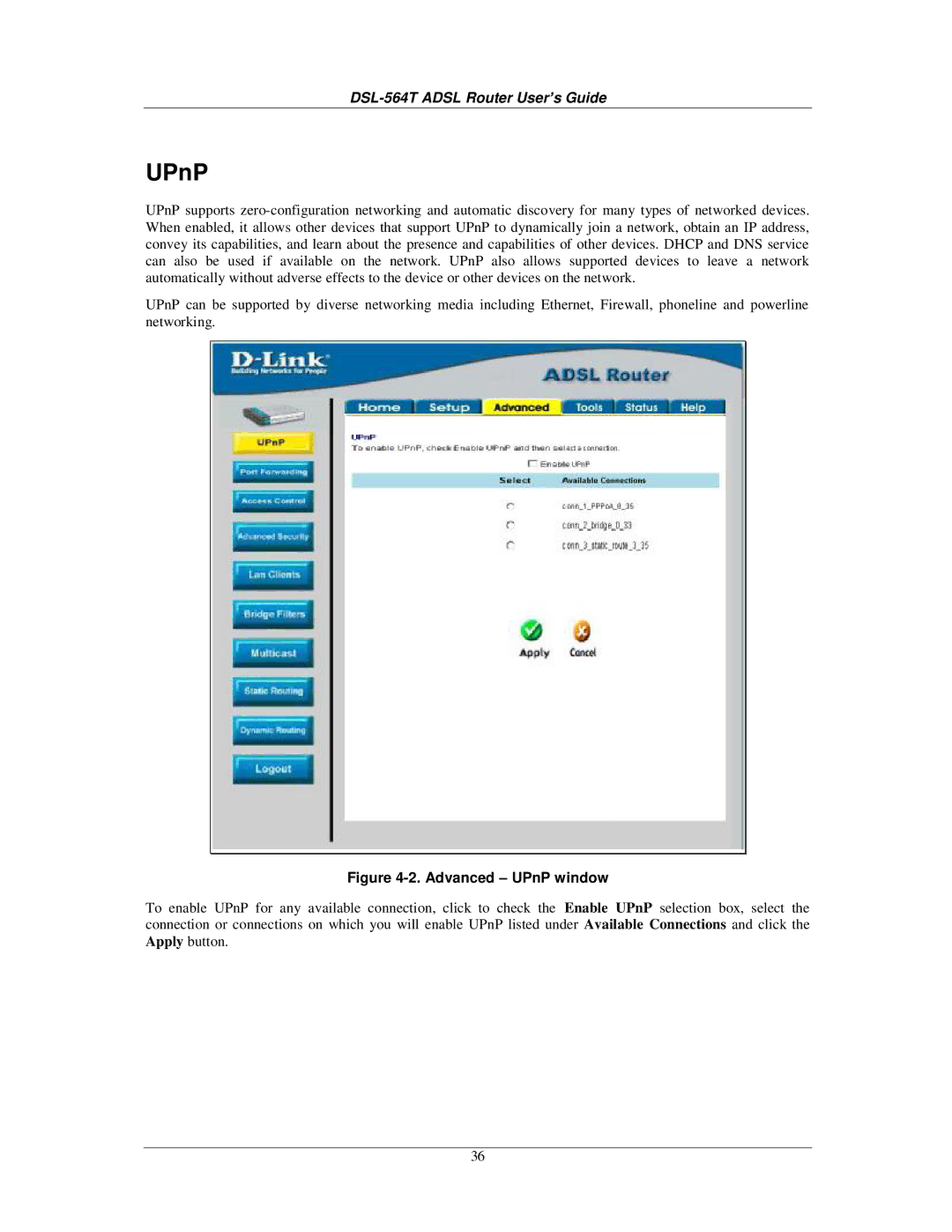 D-Link DSL-564T manual Advanced UPnP window 