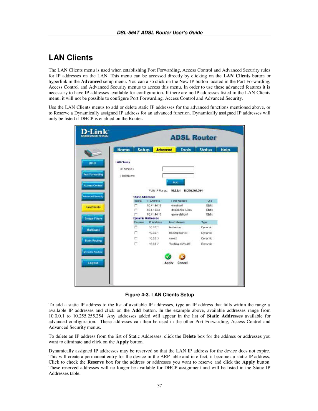 D-Link DSL-564T manual LAN Clients Setup 