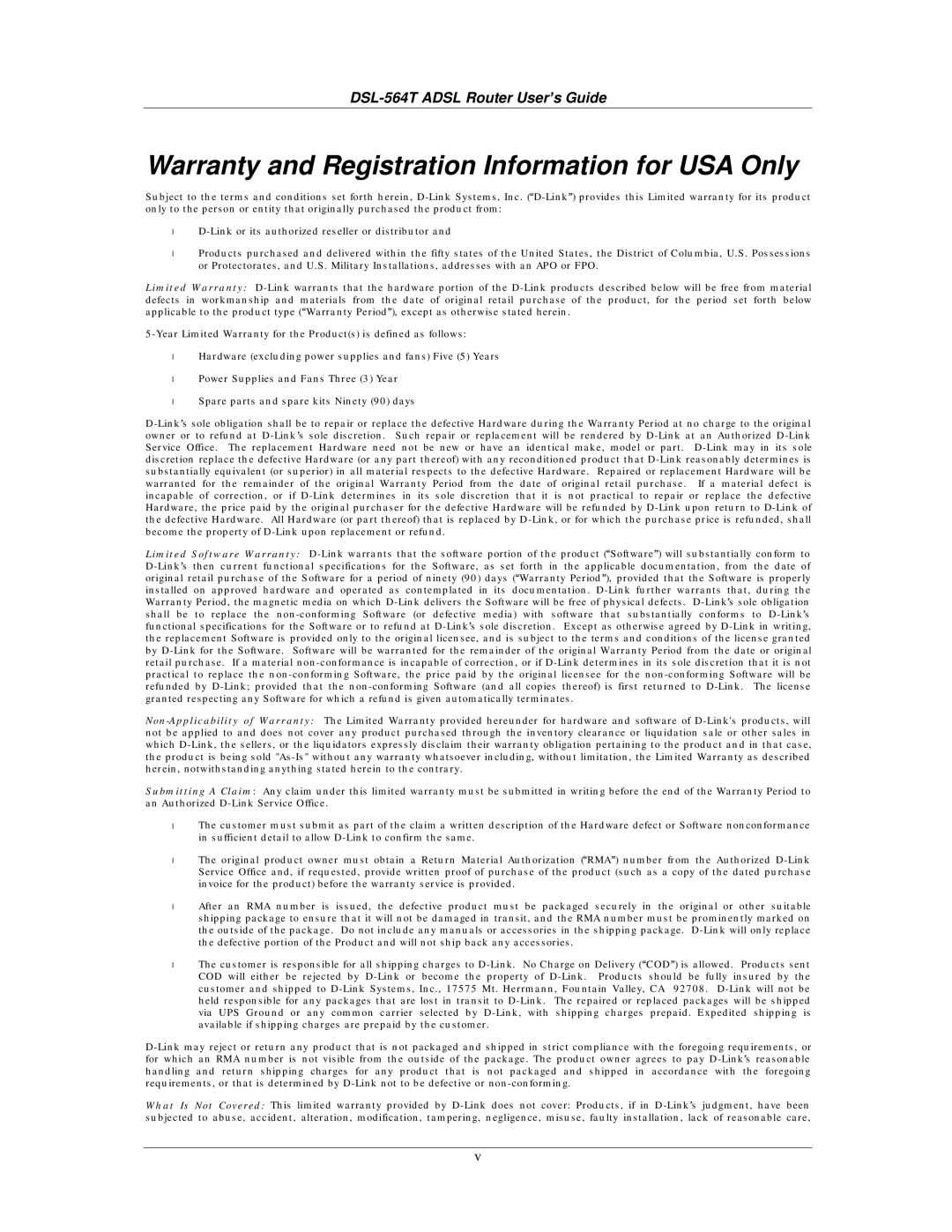 D-Link DSL-564T manual Warranty and Registration Information for USA Only 