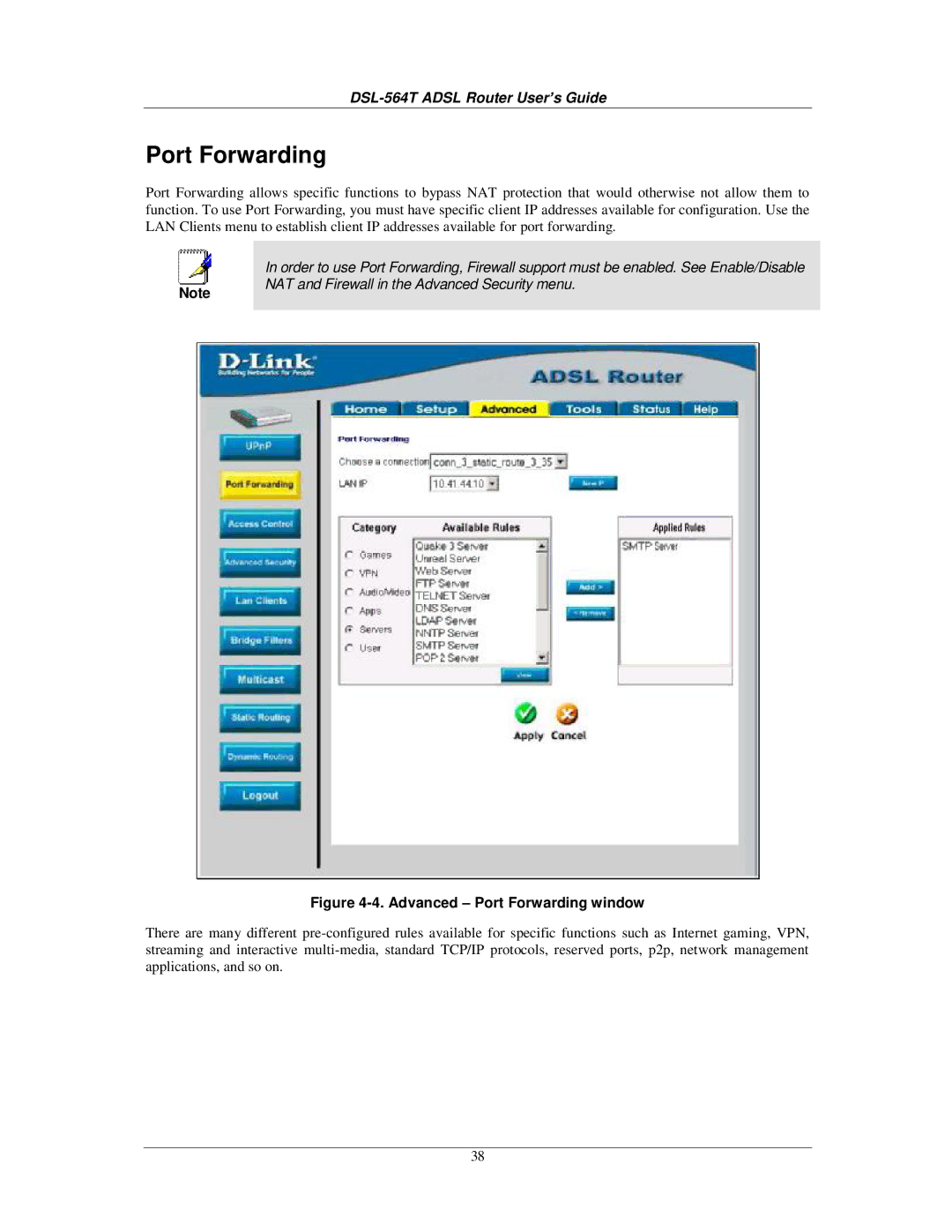 D-Link DSL-564T manual Advanced Port Forwarding window 