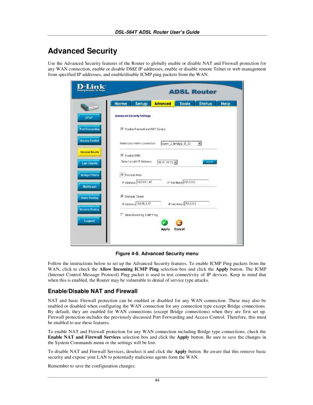 D-Link DSL-564T manual Advanced Security, Enable/Disable NAT and Firewall 