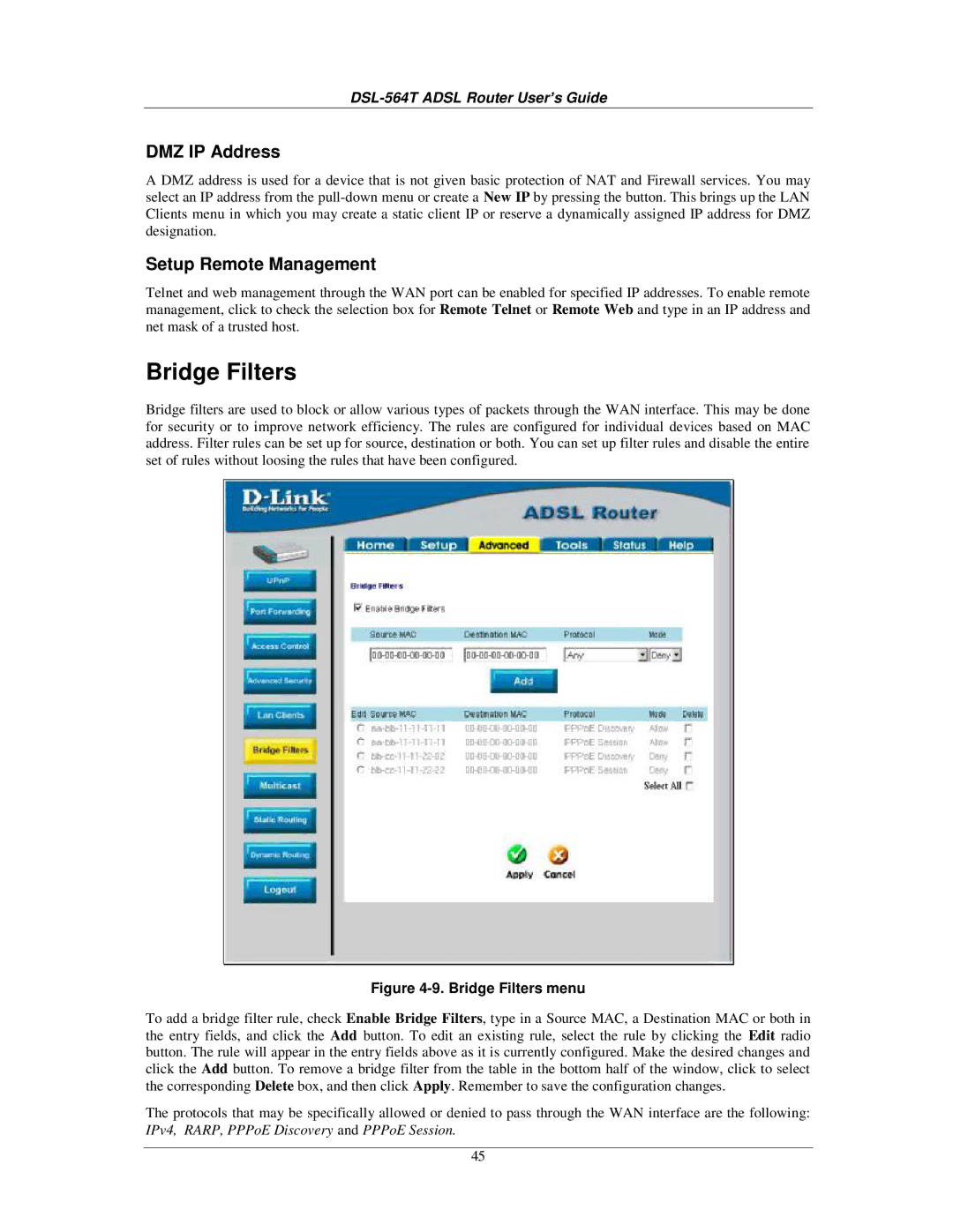 D-Link DSL-564T manual Bridge Filters, DMZ IP Address, Setup Remote Management 