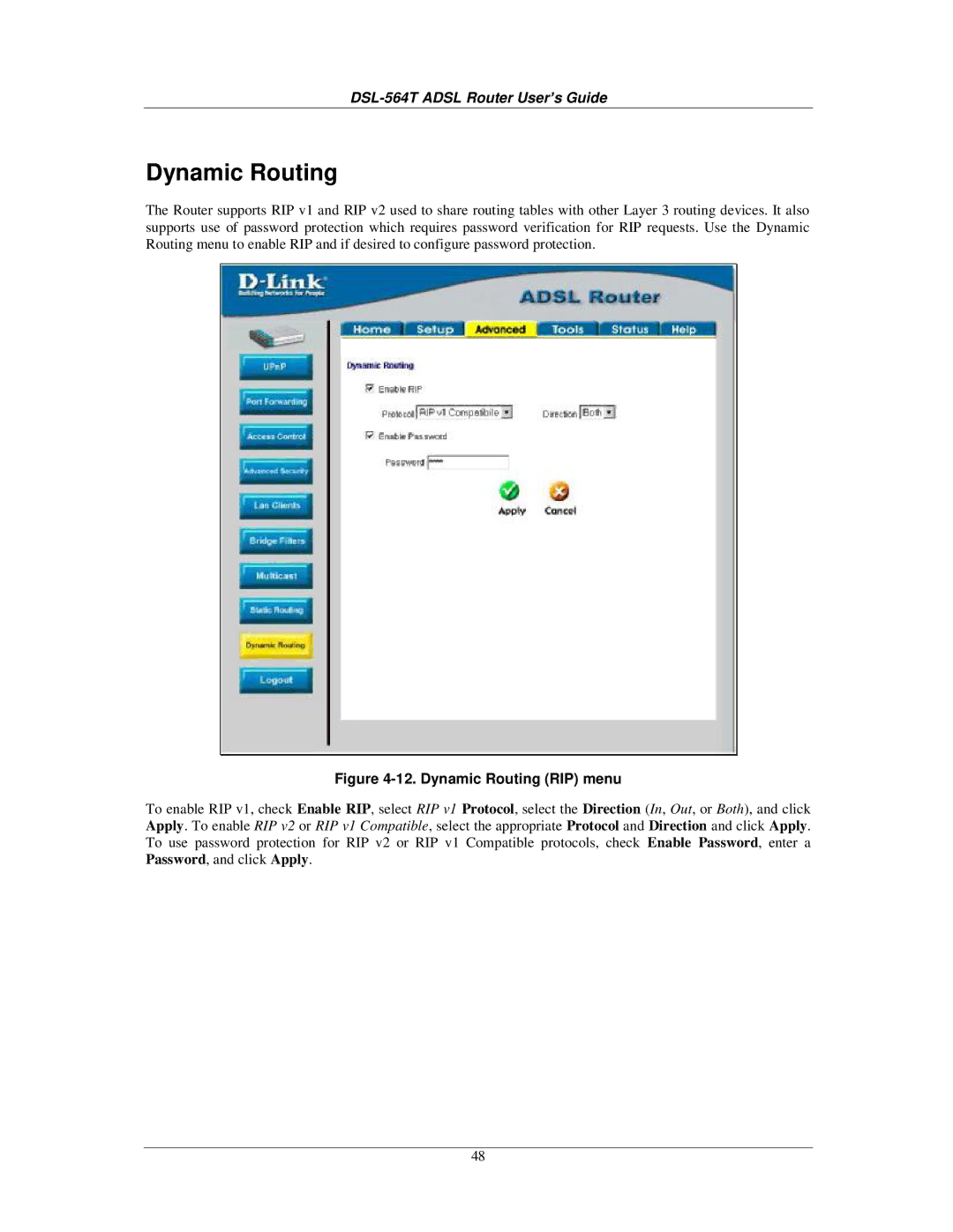 D-Link DSL-564T manual Dynamic Routing RIP menu 