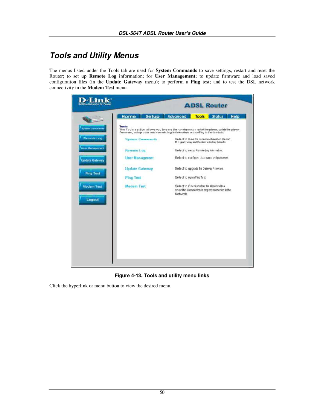 D-Link DSL-564T manual Tools and Utility Menus, Tools and utility menu links 