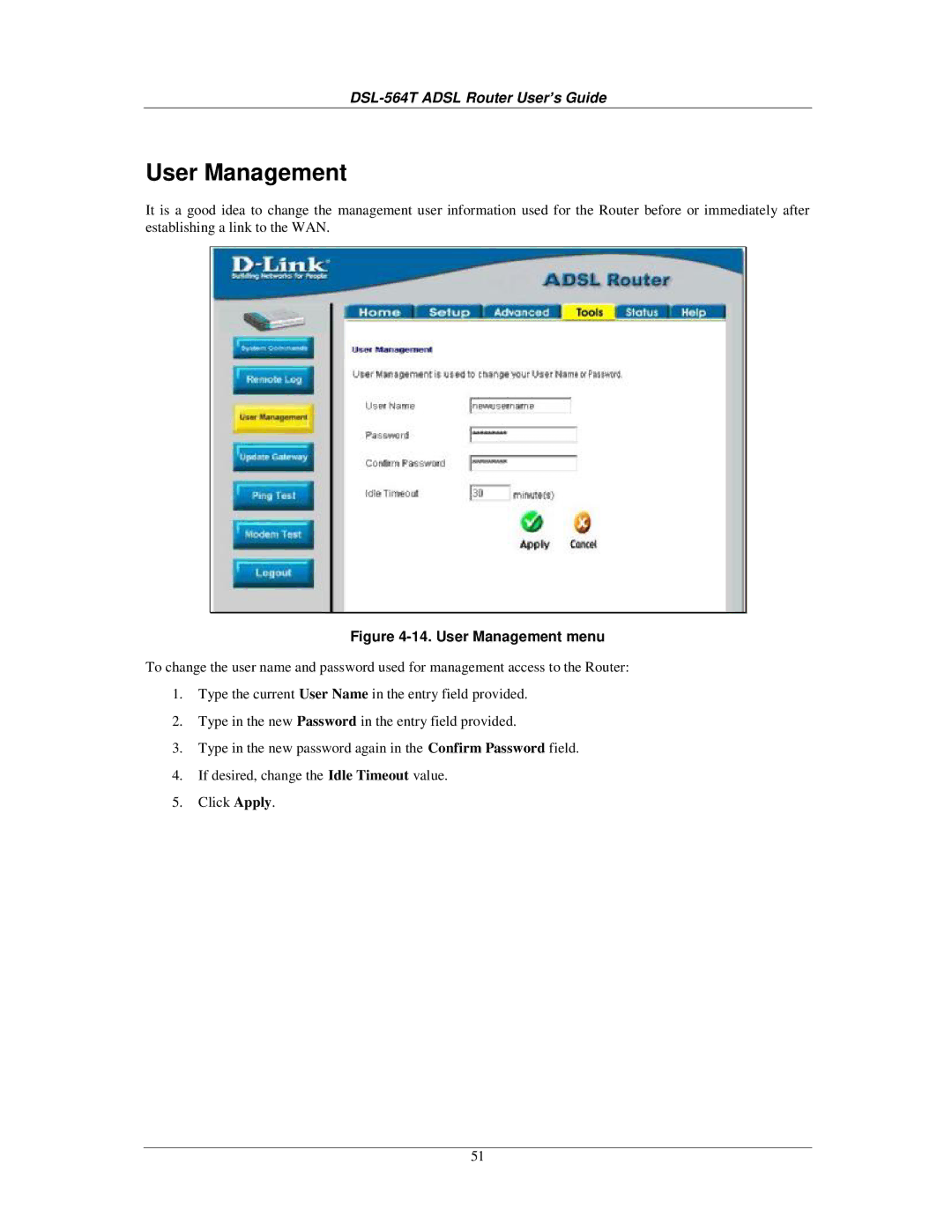 D-Link DSL-564T manual User Management menu 