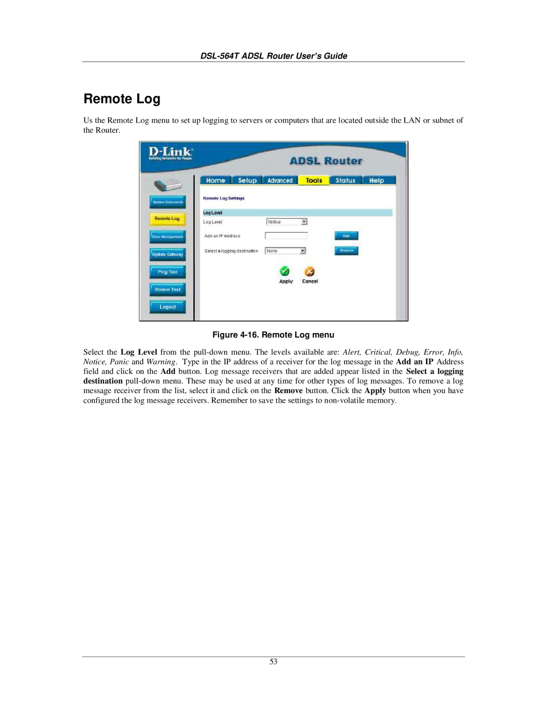 D-Link DSL-564T manual Remote Log menu 