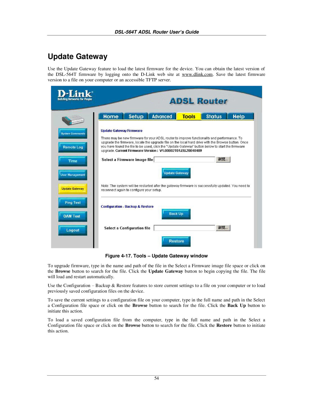 D-Link DSL-564T manual Tools Update Gateway window 