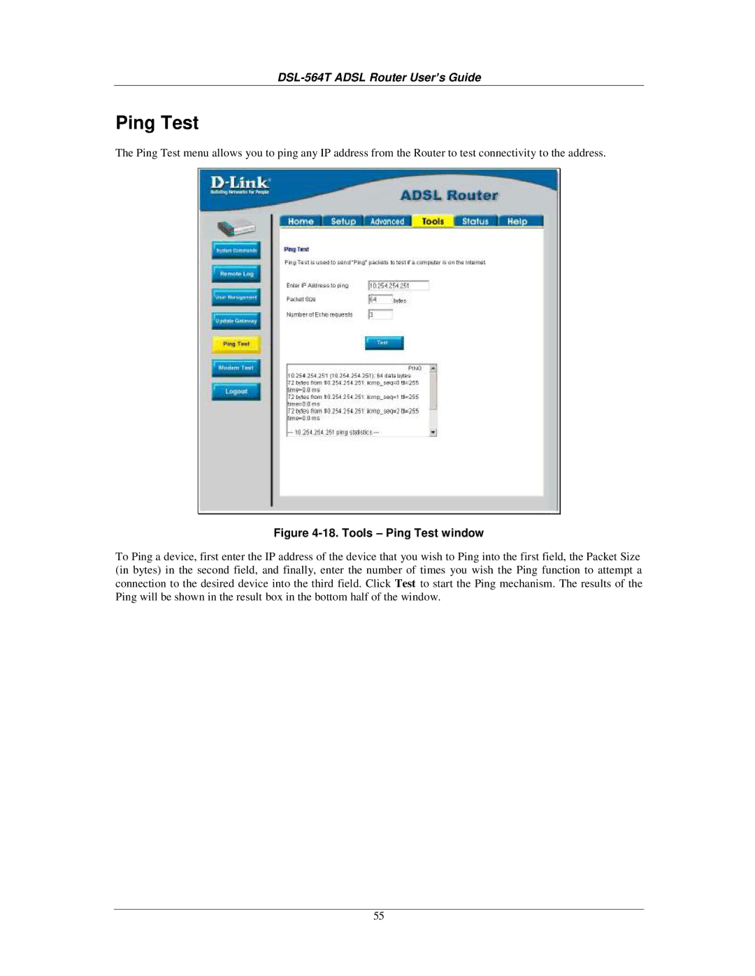 D-Link DSL-564T manual Tools Ping Test window 