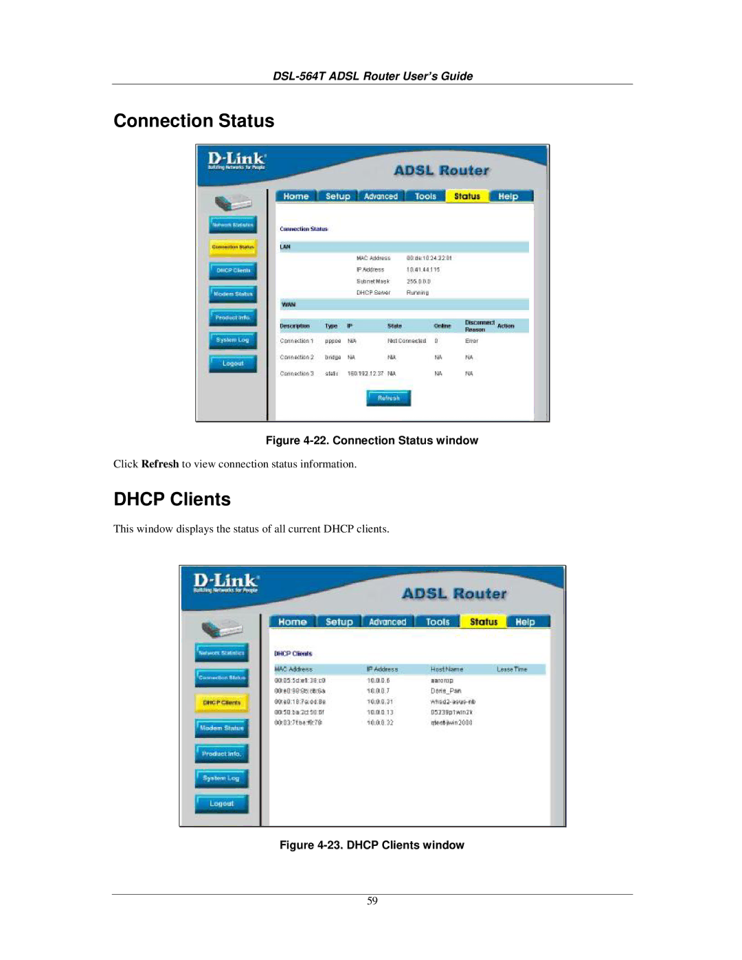 D-Link DSL-564T manual Connection Status, Dhcp Clients 