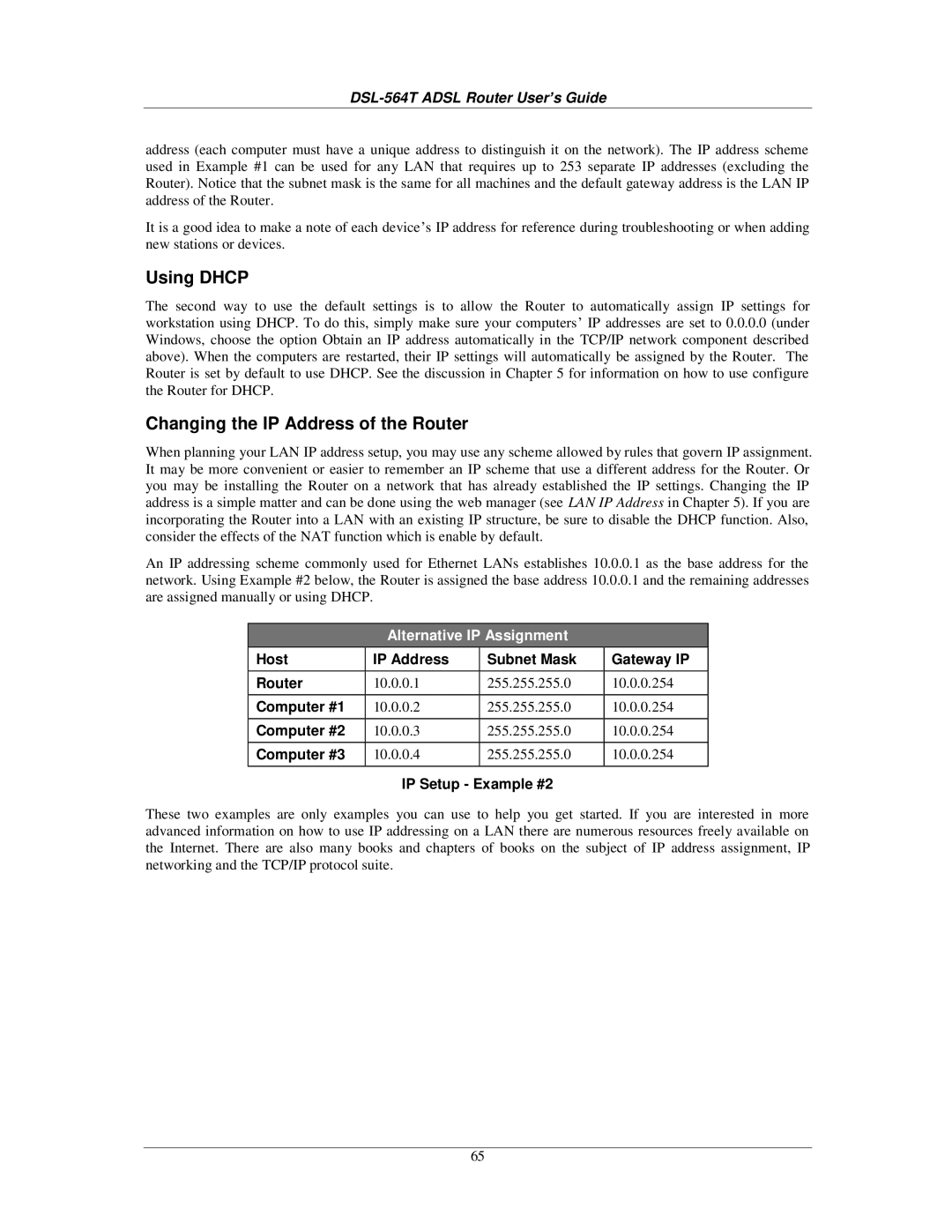 D-Link DSL-564T manual Using Dhcp, Changing the IP Address of the Router, IP Setup Example #2 