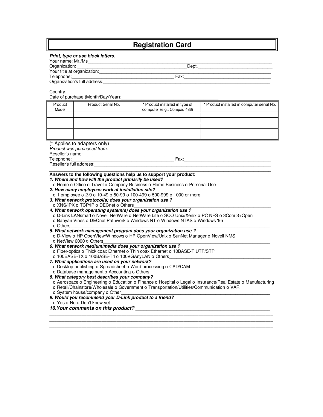 D-Link DSL-564T manual Registration Card 