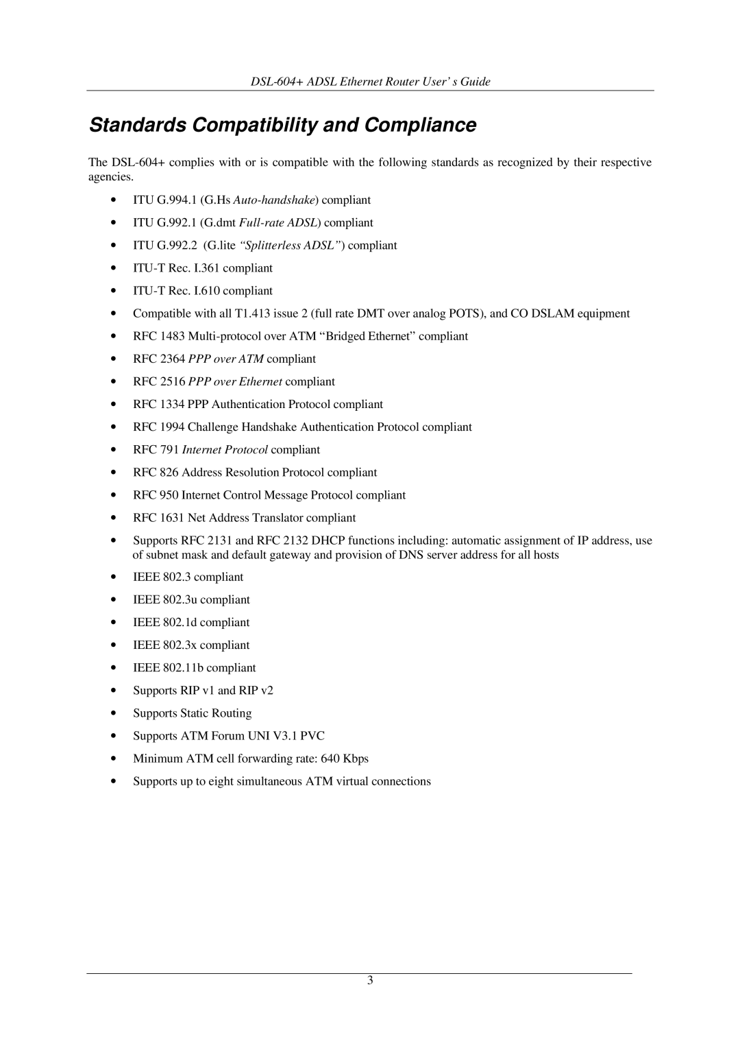 D-Link DSL-604+ manual Standards Compatibility and Compliance, ∙ RFC 791 Internet Protocol compliant 