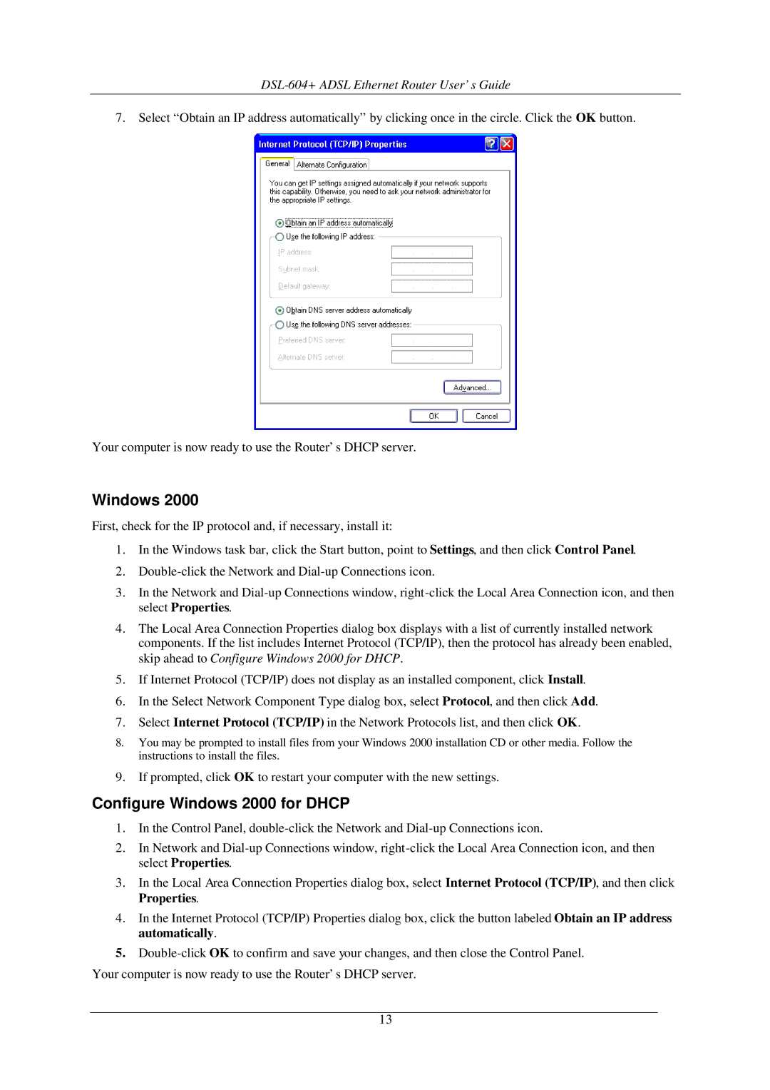 D-Link DSL-604+ manual Configure Windows 2000 for Dhcp 