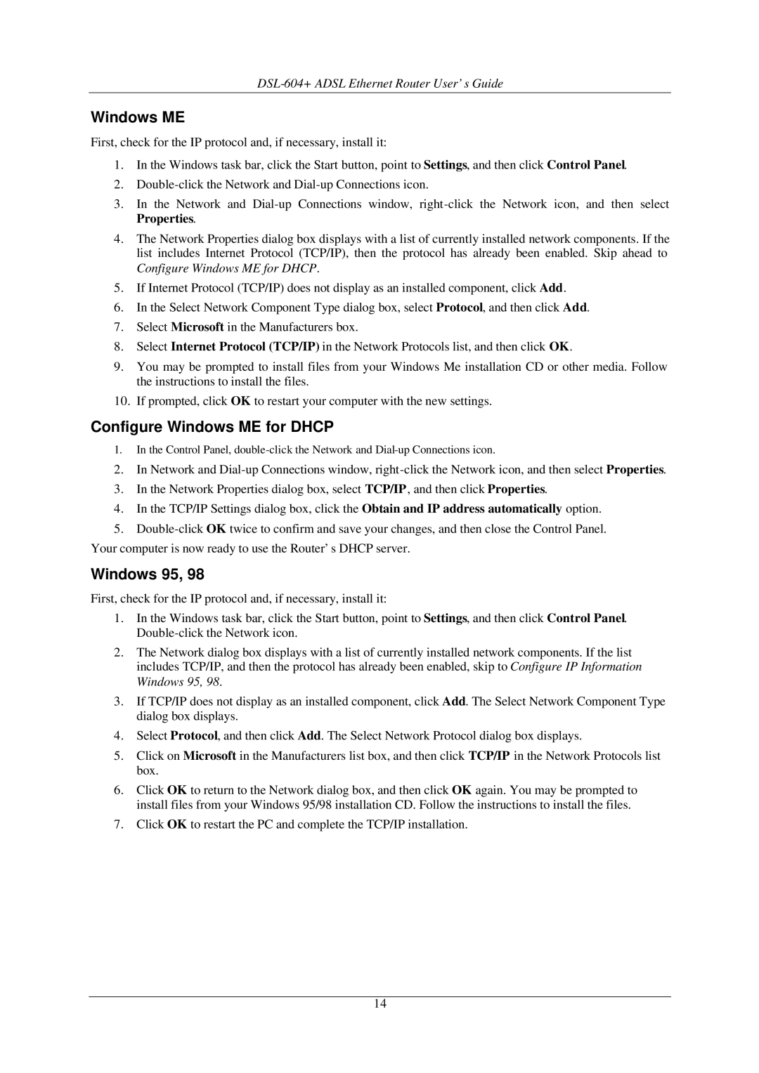 D-Link DSL-604+ manual Configure Windows ME for Dhcp, Windows 95 