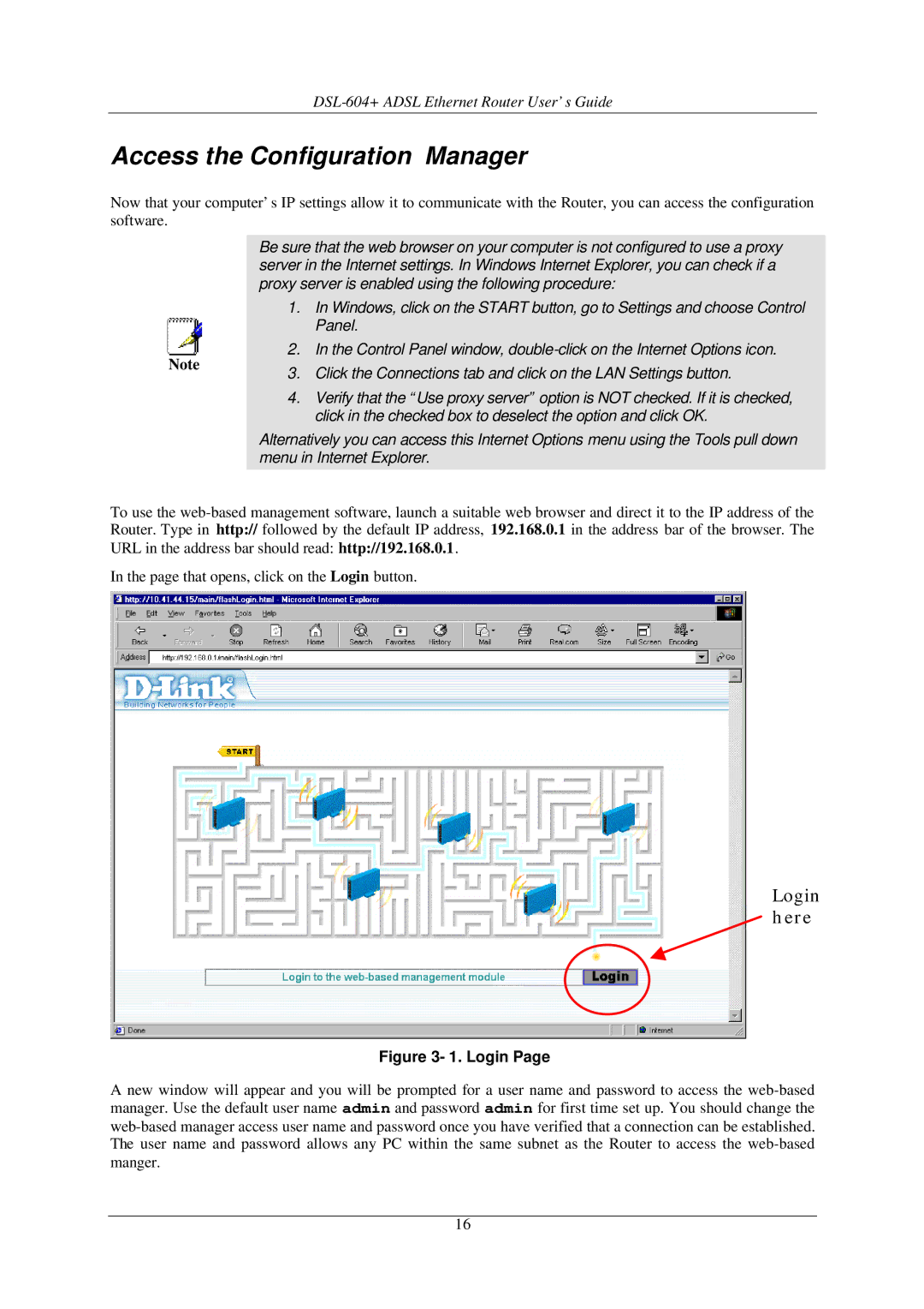 D-Link DSL-604+ manual Access the Configuration Manager, Login 