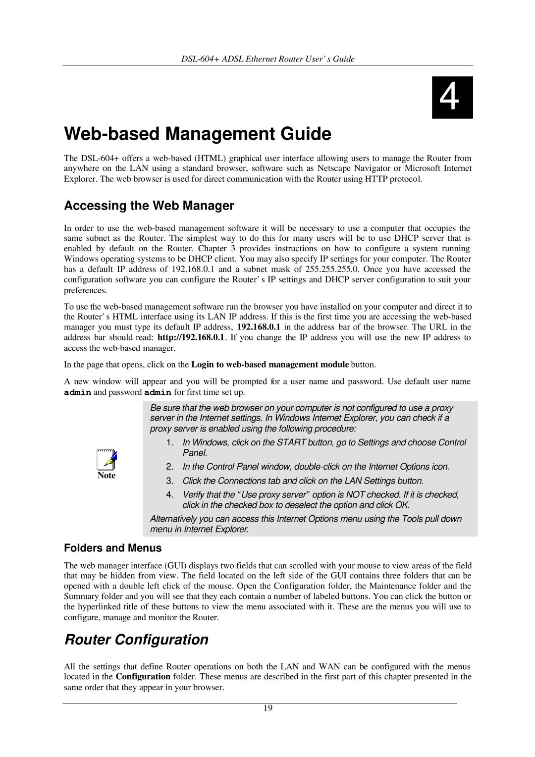 D-Link DSL-604+ manual Router Configuration, Accessing the Web Manager, Folders and Menus 